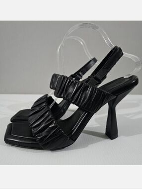NEW Mercedes Castillo Brea Heel Womens 11 Black Leather Ruched Slingback Sandal